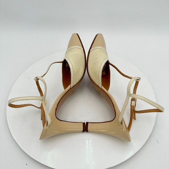 Celine Women Size EU 37.5 US 7 Cream Tan Pointed Toe T strap Heel Pump Sandal - Picture 8 of 16